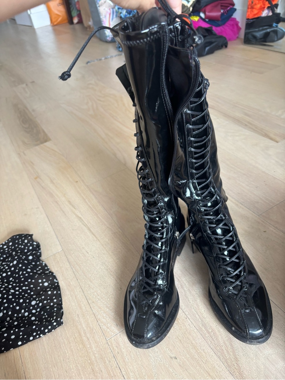 SCHUTZ Black Patent Lace-Up Knee Boots